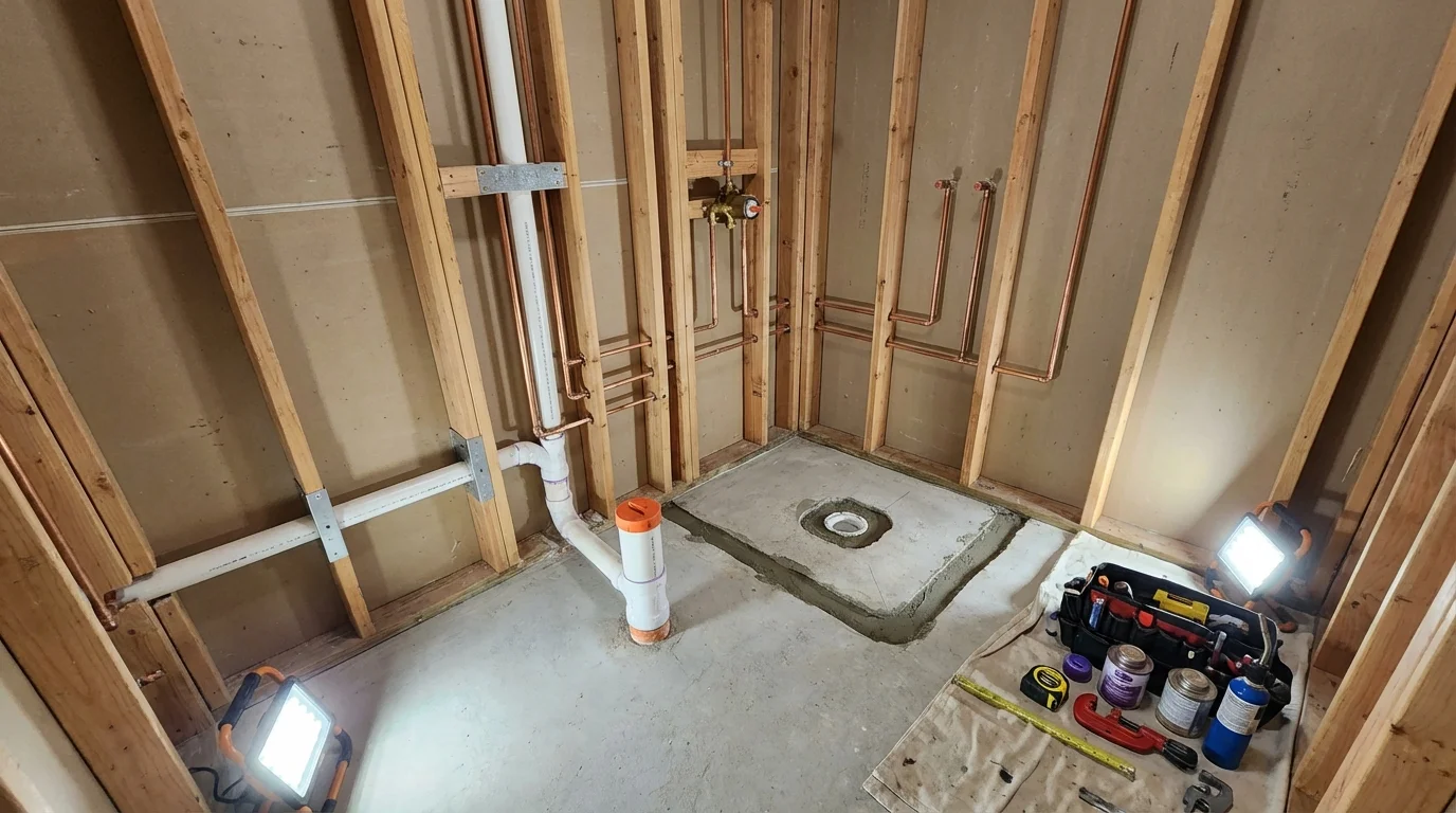 Bathroom rough-in plumbing during remodel by Johns Plumbing LLC in Hattiesburg