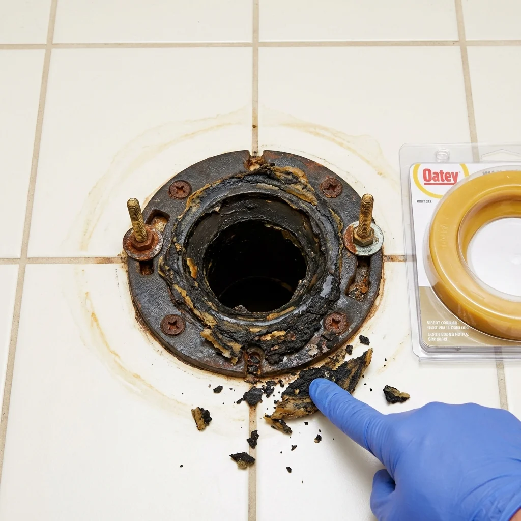 Failed wax ring showing water seepage at the base of a toilet in a Hattiesburg, MS home