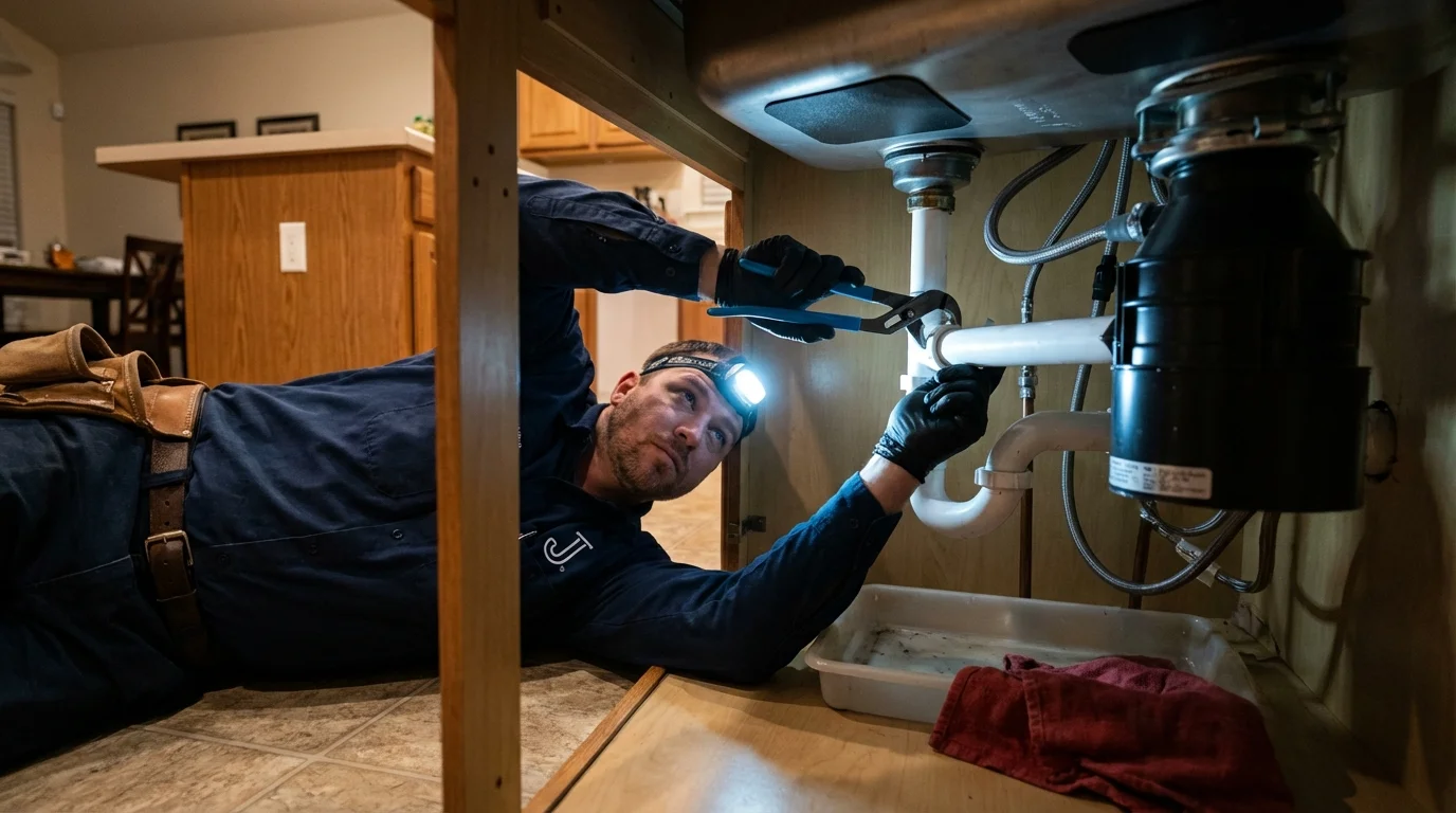 P-trap and supply line connections under a kitchen sink showing a common leak point in Hattiesburg, MS